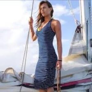 Athleta MT Ember Blue White Striped Midi Racerback Dress M Ruched Sides Stretch